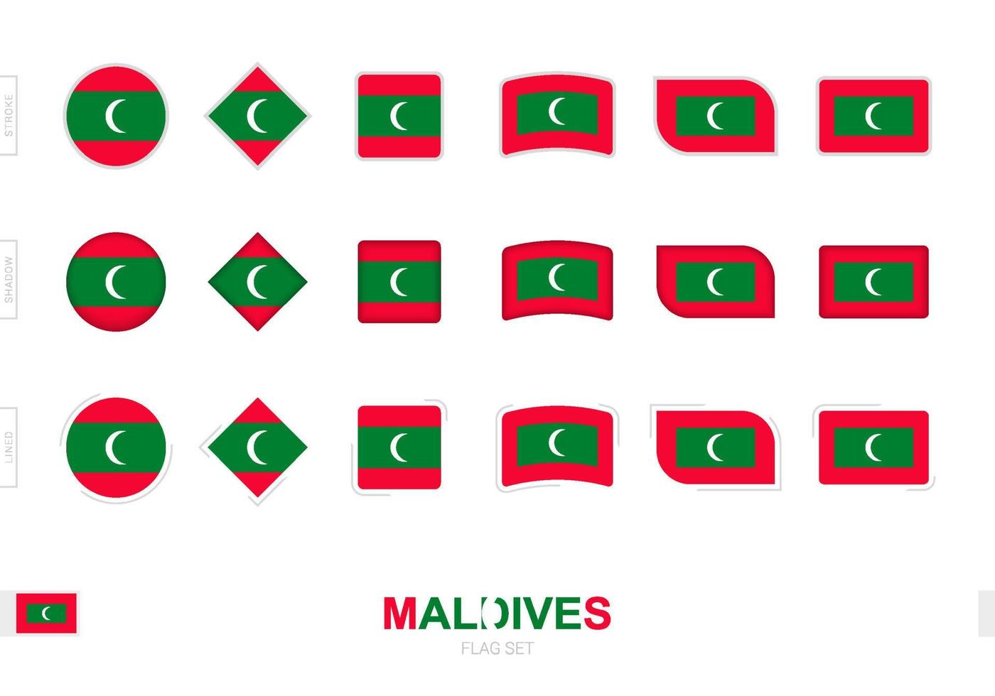 Maldives flag set, simple flags of Maldives with three different effects. vector