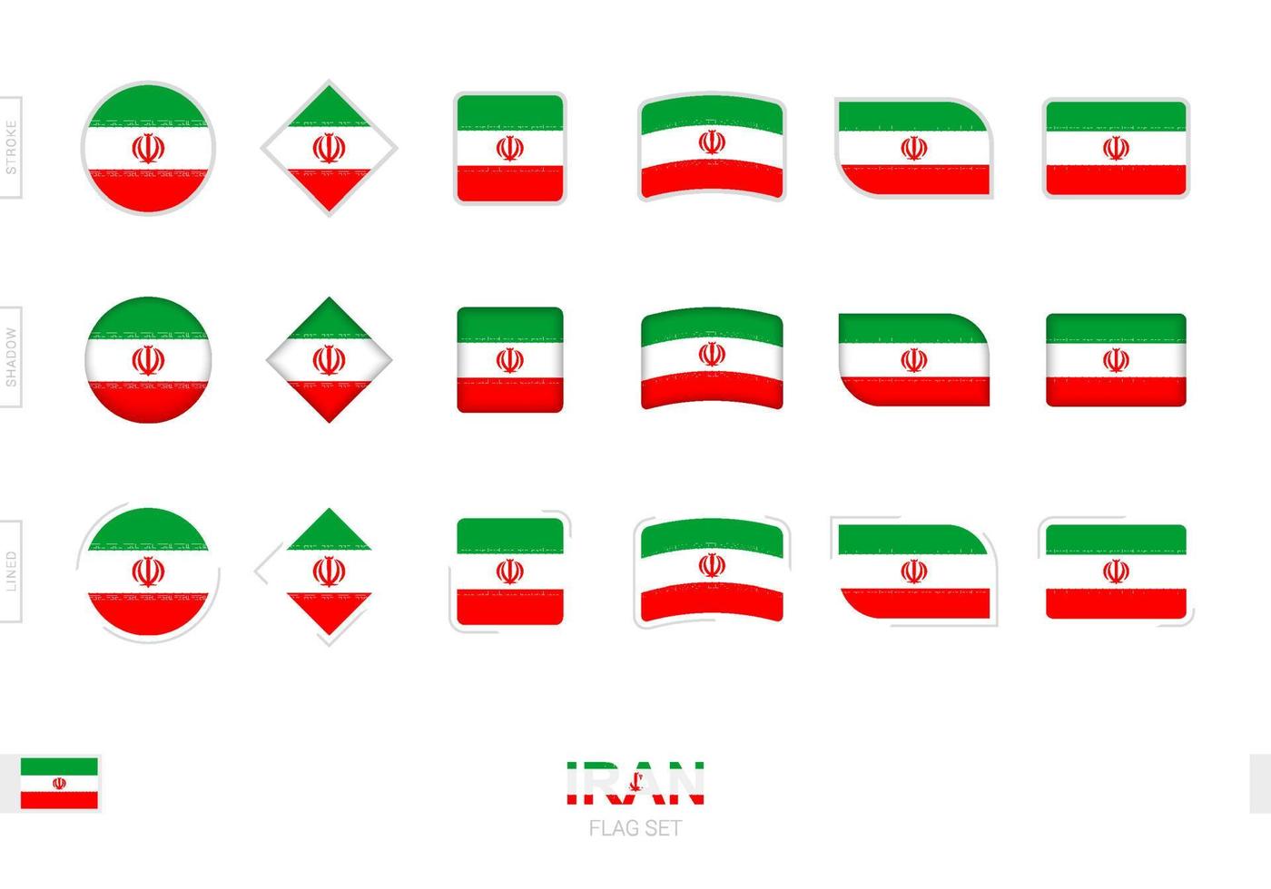 Iran flag set, simple flags of Iran with three different effects. vector