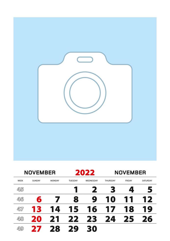 November 2022 calendar planner A3 size with place for your photo. vector