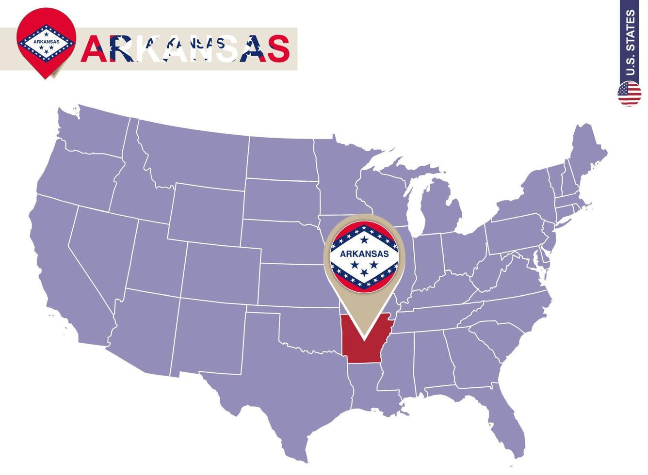 Arkansas State on USA Map. Arkansas flag and map. vector