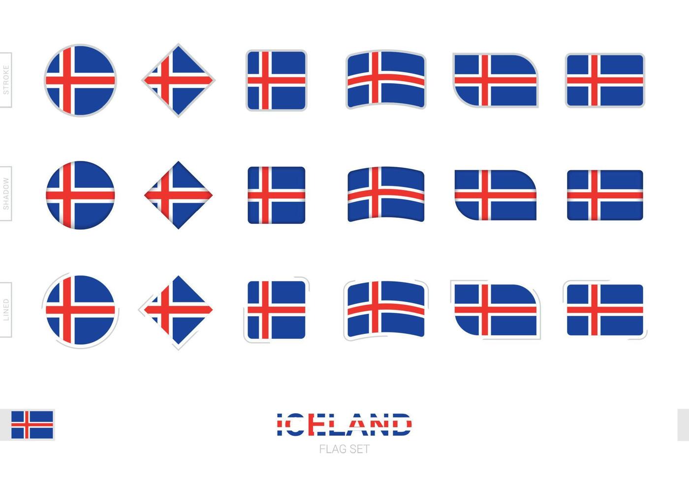 conjunto de banderas de islandia, banderas simples de islandia con tres efectos diferentes. vector