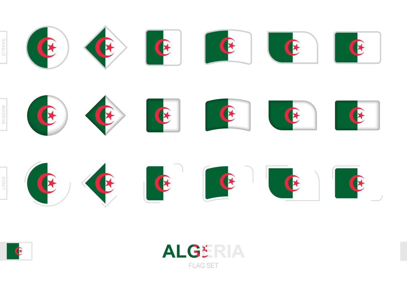 Algeria flag set, simple flags of Algeria with three different effects. vector