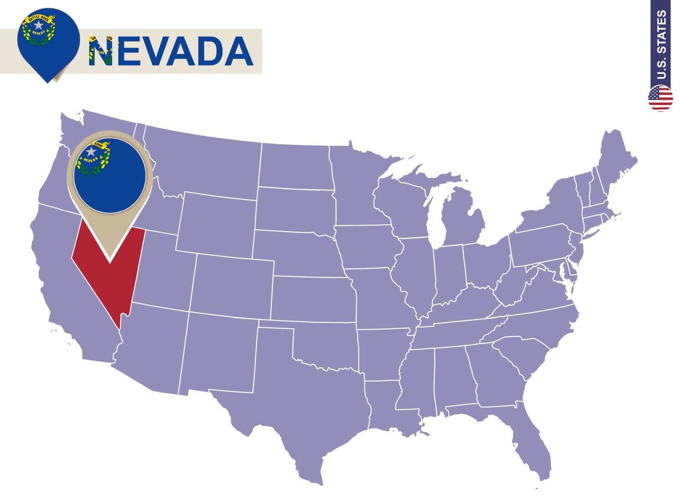 Nevada State on USA Map. Nevada flag and map. vector