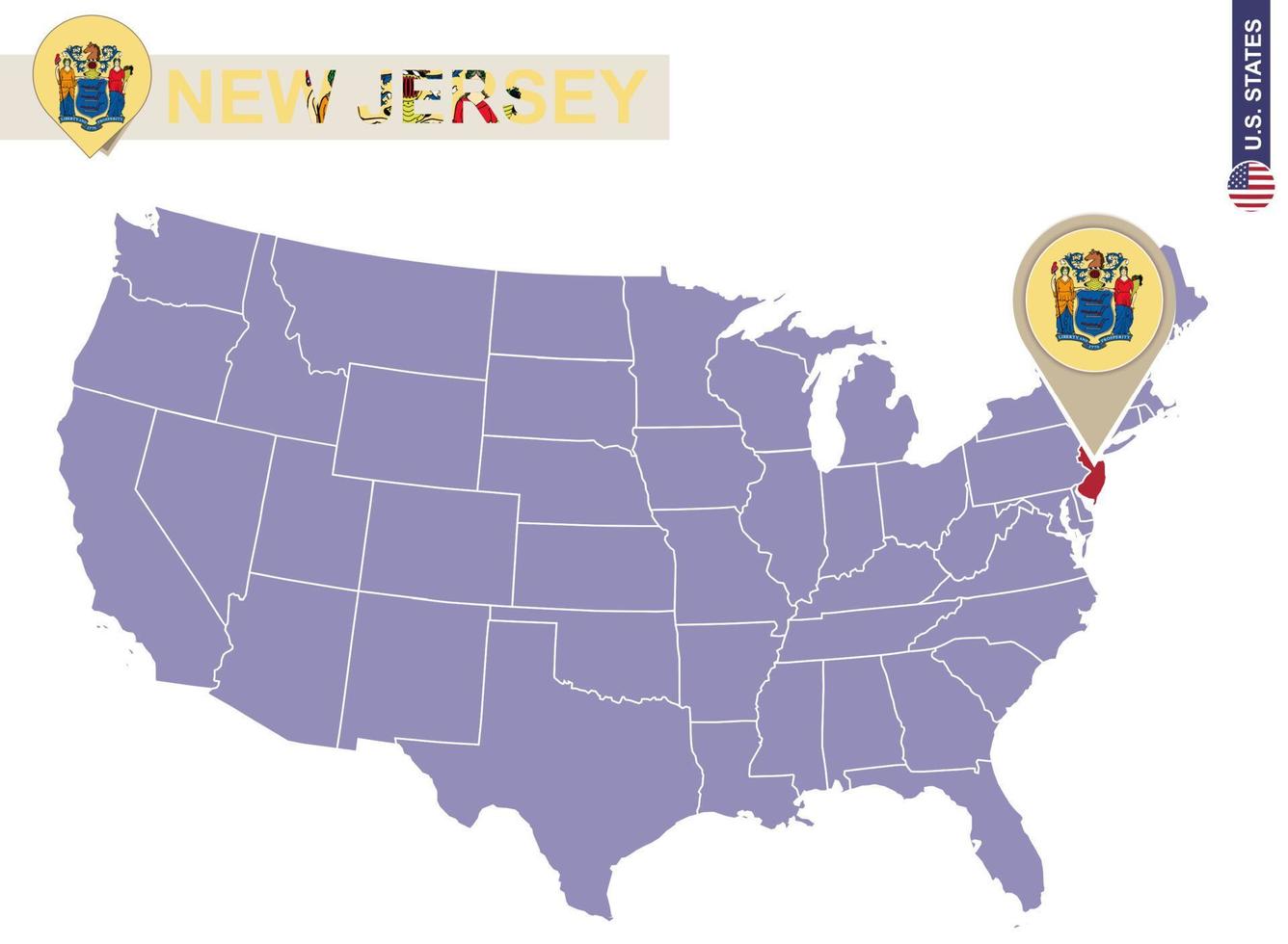 New Jersey State on USA Map. New Jersey flag and map. vector