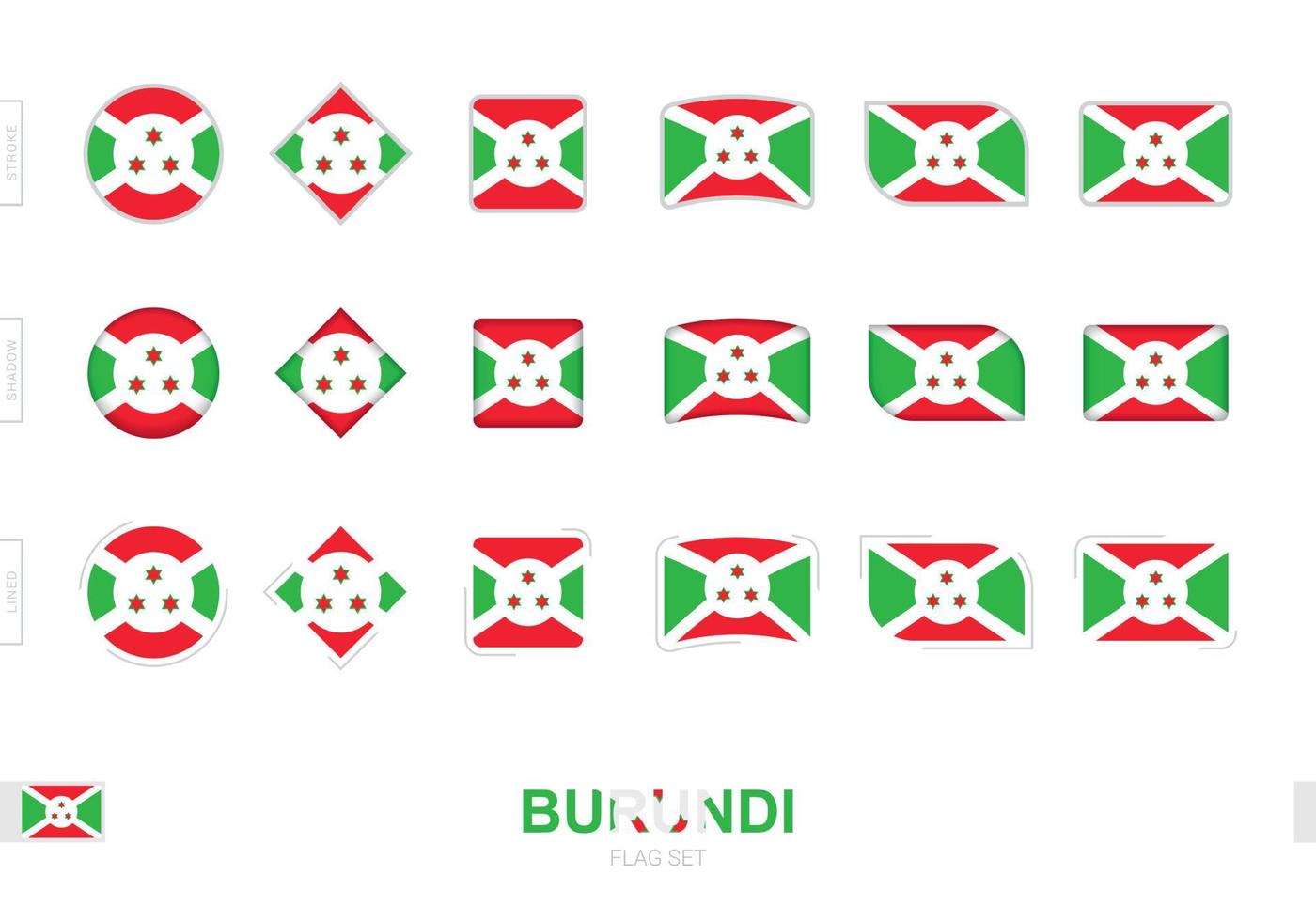 conjunto de banderas de burundi, banderas simples de burundi con tres efectos diferentes. vector