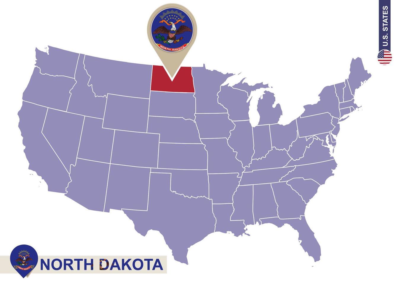 North Dakota State on USA Map. North Dakota flag and map. 7411494