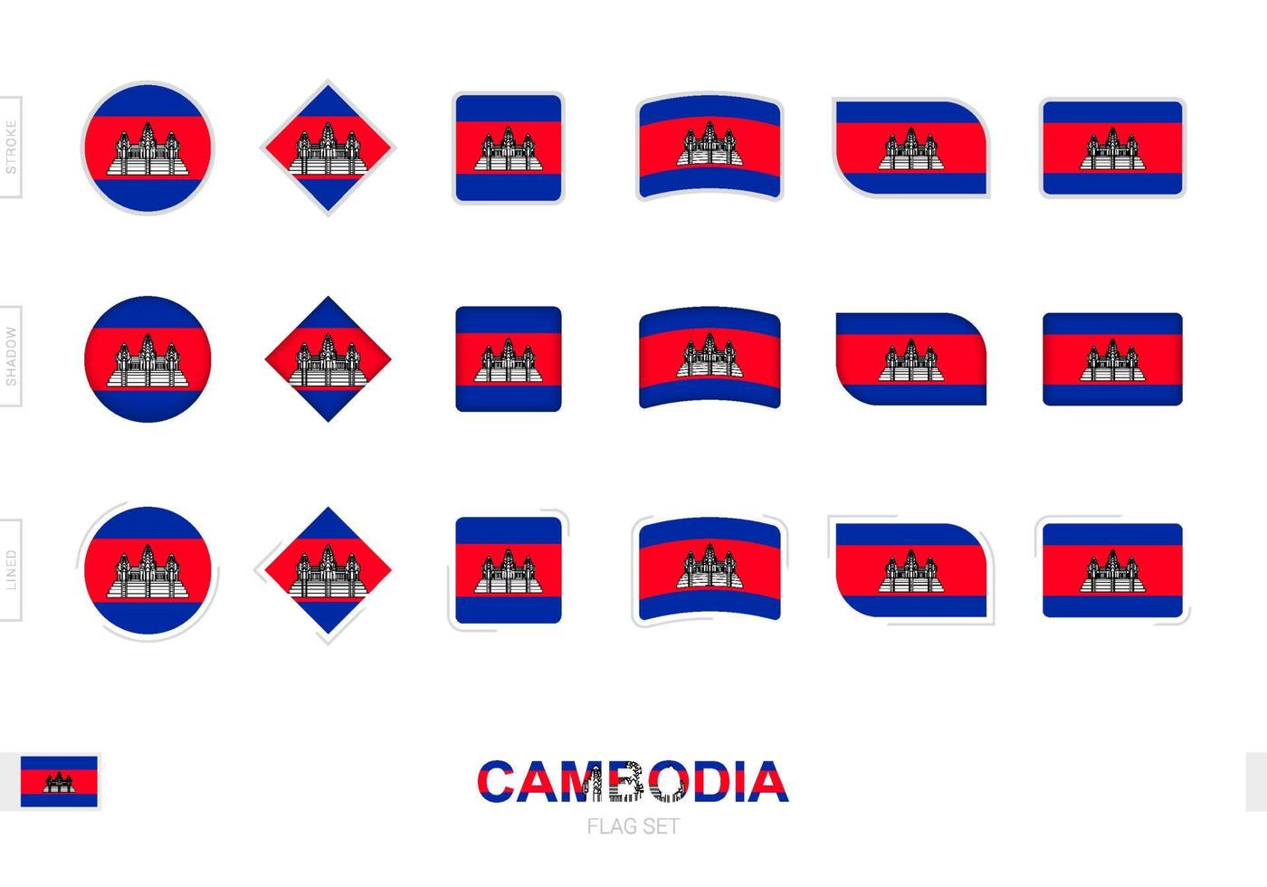 conjunto de banderas de camboya, banderas simples de camboya con tres efectos diferentes. vector