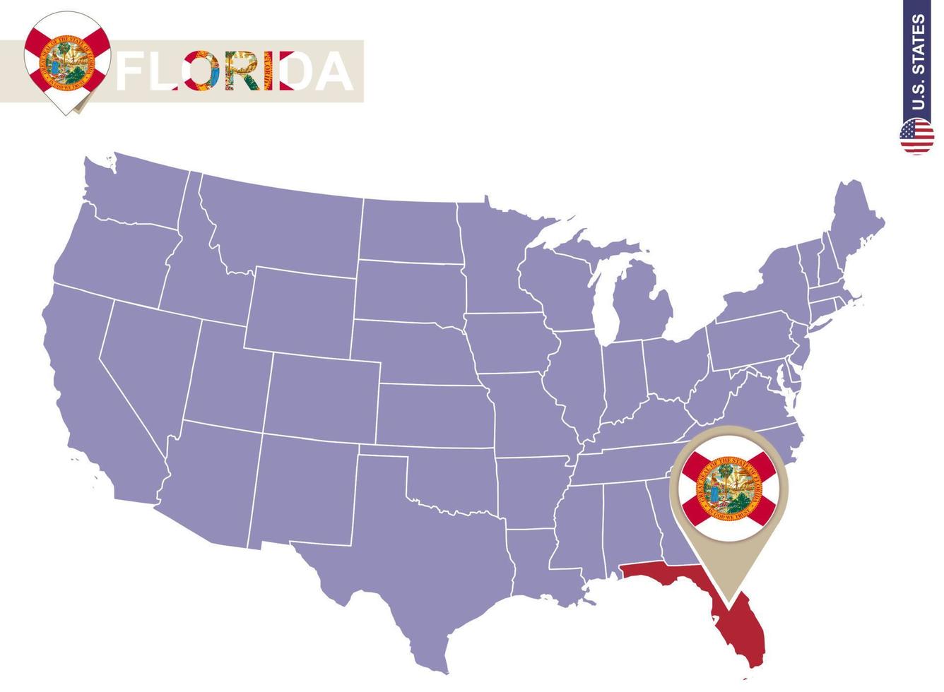 Florida State on USA Map. Florida flag and map. vector