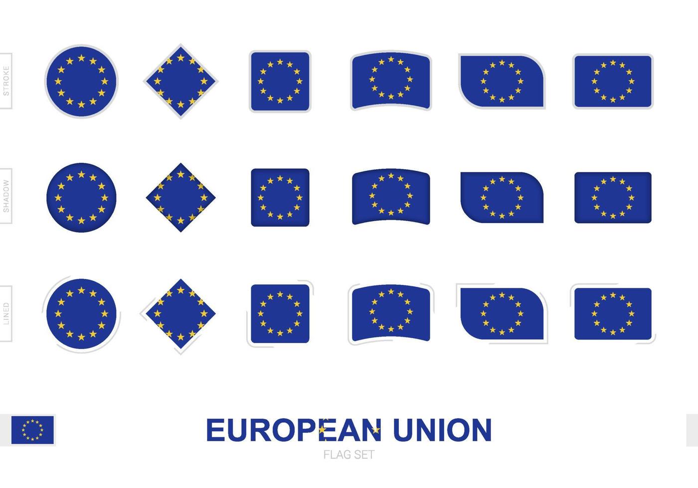 conjunto de banderas de la unión europea, banderas simples de la unión europea con tres efectos diferentes. vector