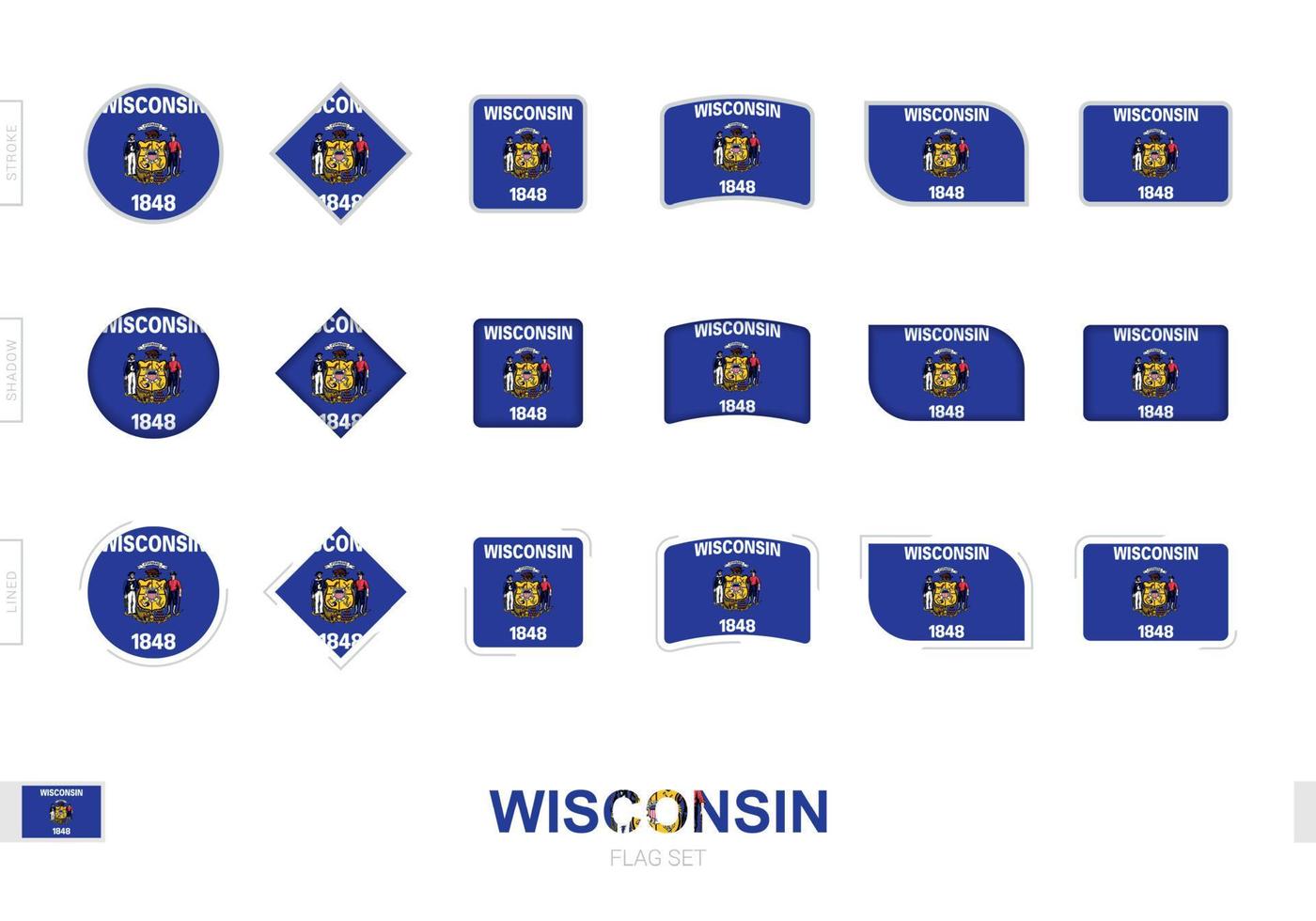 conjunto de banderas de wisconsin, banderas simples de wisconsin con tres efectos diferentes. vector