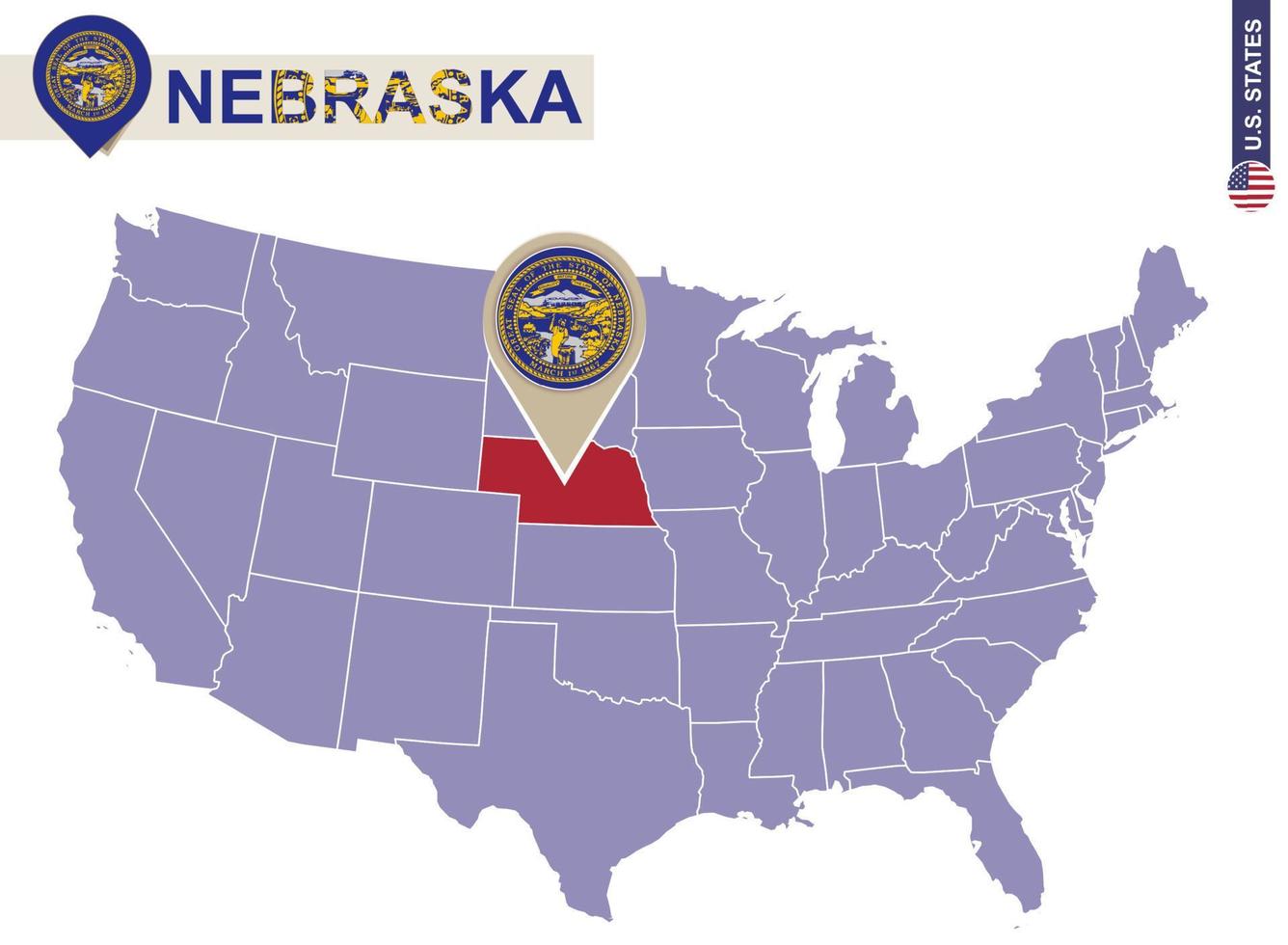 estado de nebraska en el mapa de estados unidos. bandera y mapa de nebraska. vector