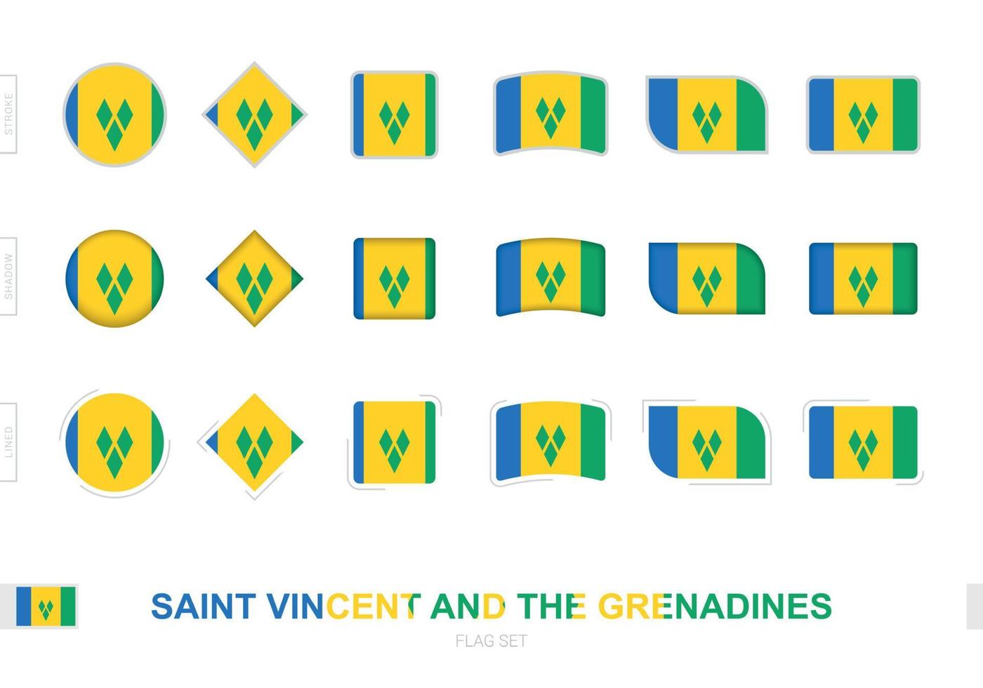 Saint Vincent and the Grenadines flag set, simple flags of Saint Vincent and the Grenadines with three different effects. vector