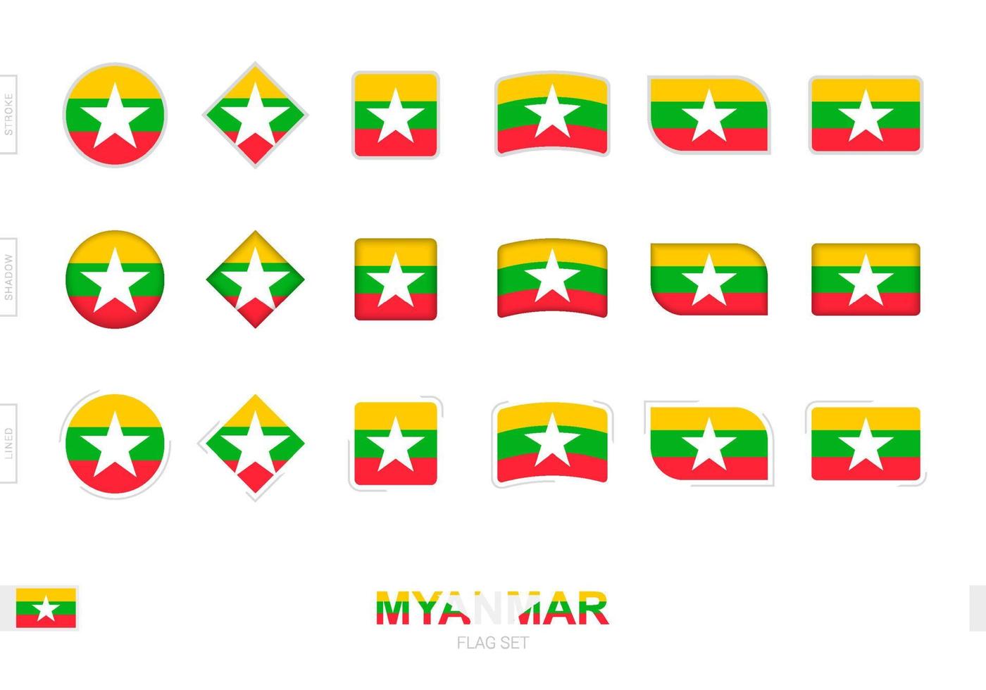 conjunto de banderas de myanmar, banderas simples de myanmar con tres efectos diferentes. vector