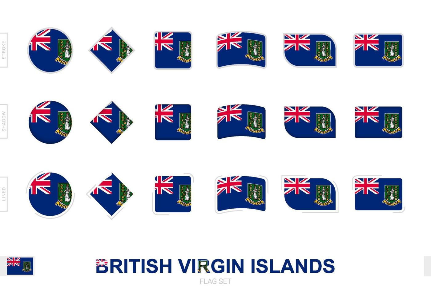 conjunto de banderas de las islas vírgenes británicas, banderas simples de las islas vírgenes británicas con tres efectos diferentes. vector