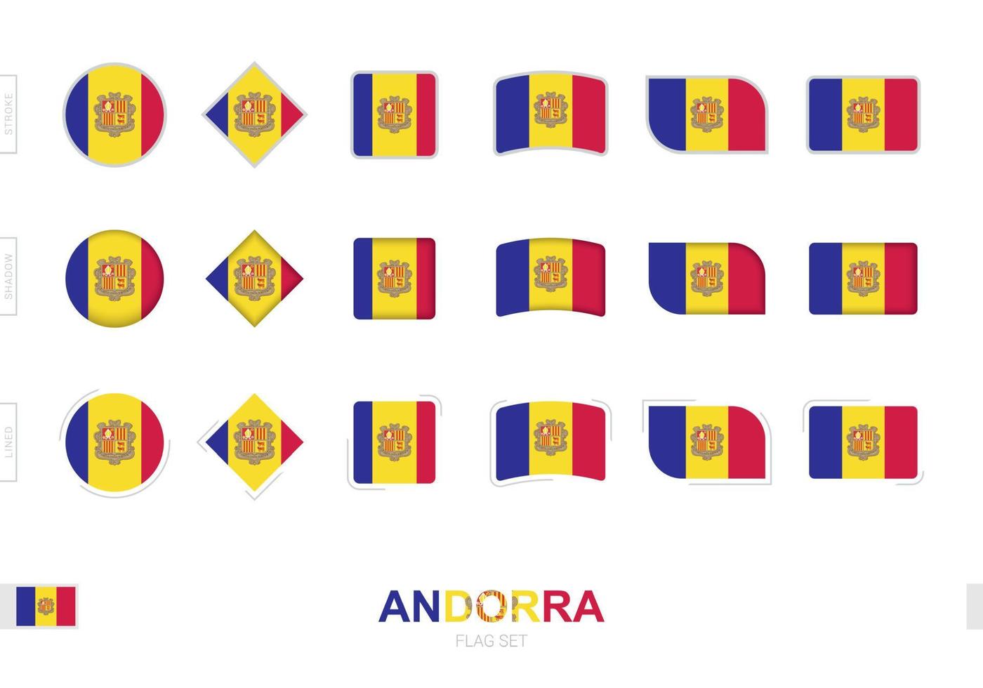 conjunto de banderas de andorra, banderas simples de andorra con tres efectos diferentes. vector