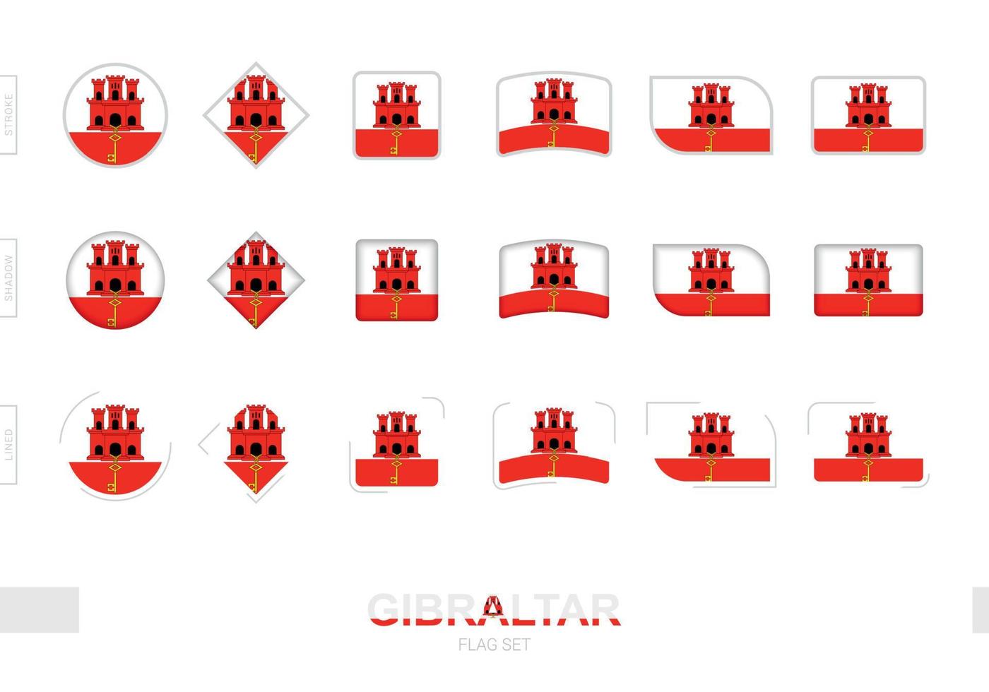 conjunto de banderas de gibraltar, banderas simples de gibraltar con tres efectos diferentes. vector