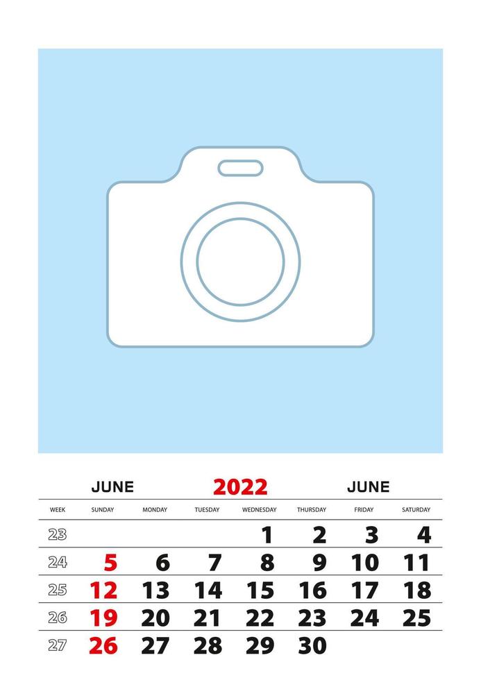 June 2022 calendar planner A3 size with place for your photo. vector