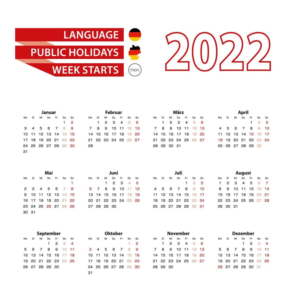 Calendar 2022 in Germany language with public holidays the country of German in year 2022. vector