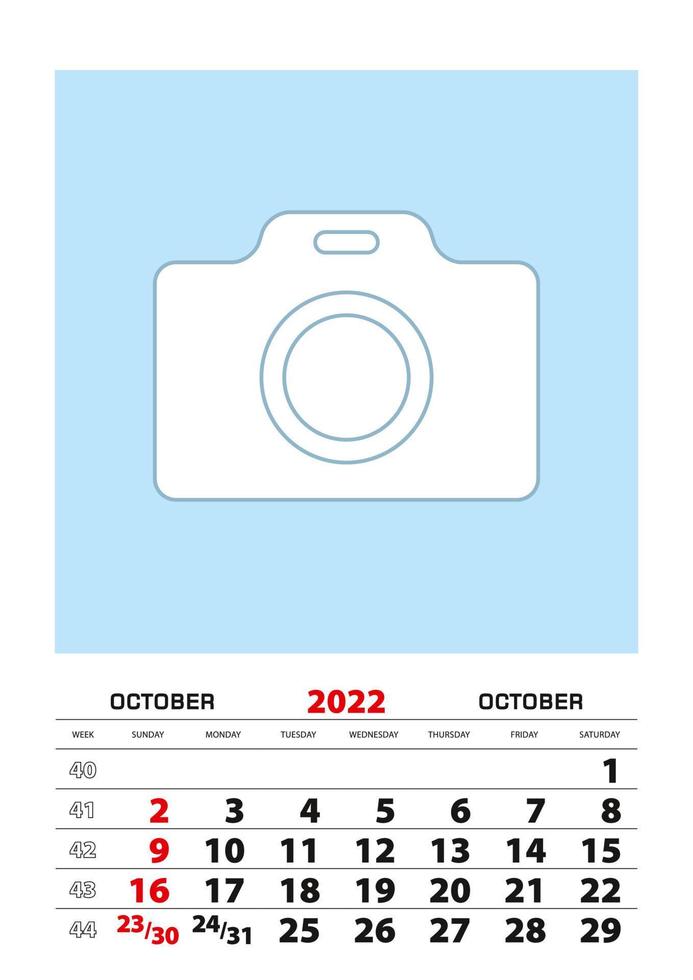 October 2022 calendar planner A3 size with place for your photo. vector