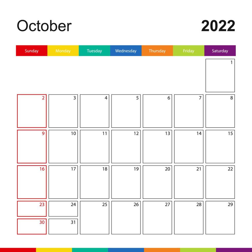 calendario de pared colorido de octubre de 2022, la semana comienza el domingo. vector