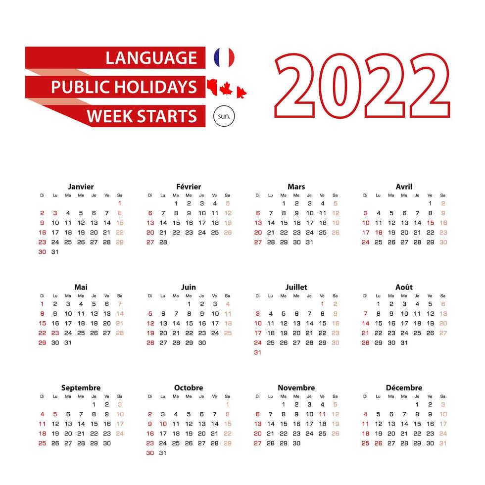 Calendario 2022 en idioma francés con días festivos en el país de Canadá en el año 2022. vector