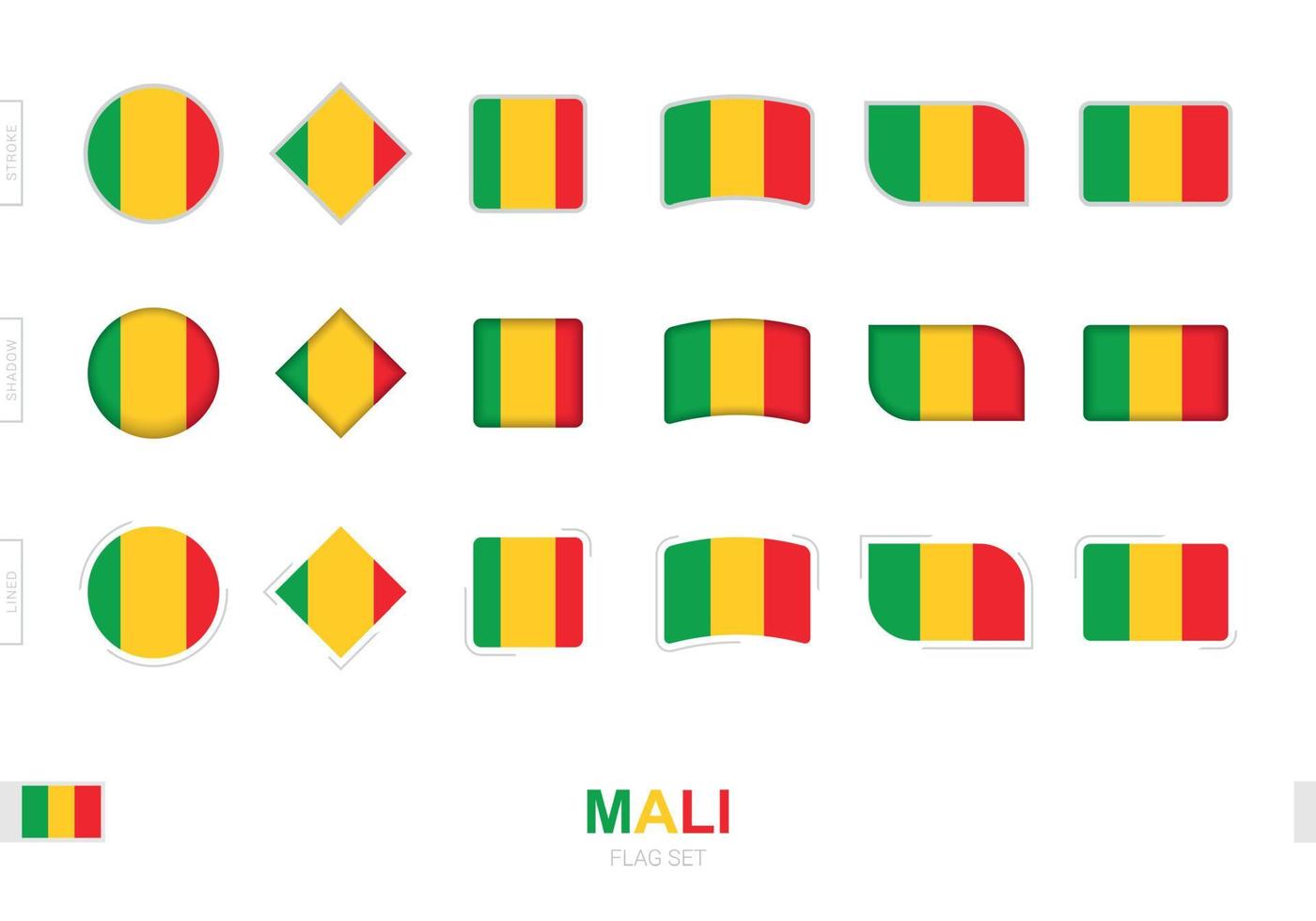 Conjunto de banderas de Malí, banderas simples de Malí con tres efectos diferentes. vector