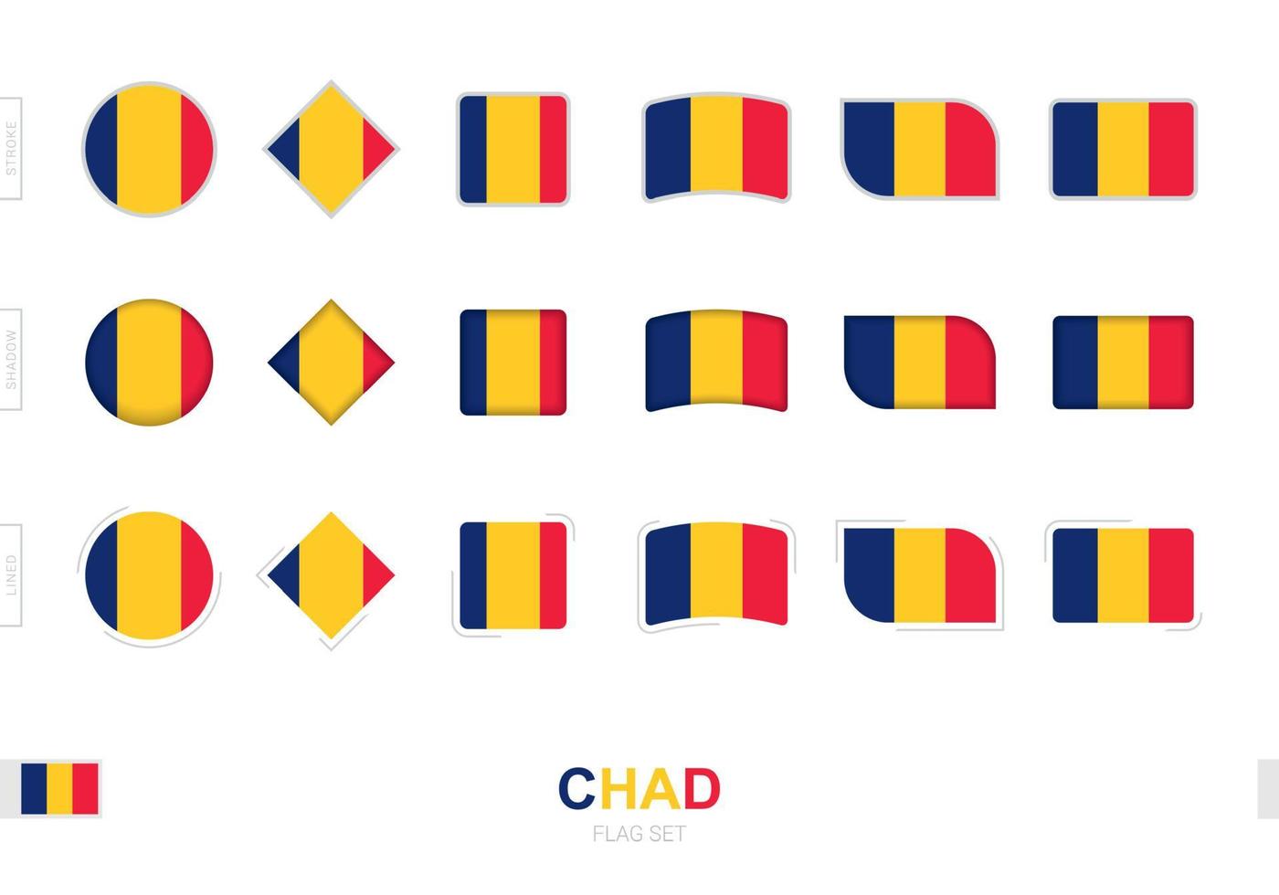 Chad flag set, simple flags of Chad with three different effects. vector