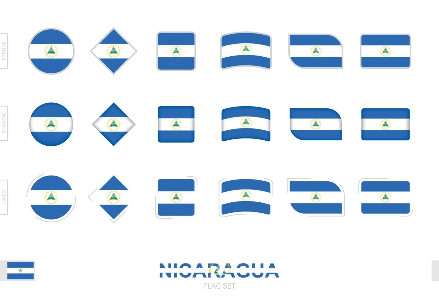 conjunto de banderas de nicaragua, banderas simples de nicaragua con tres efectos diferentes. vector