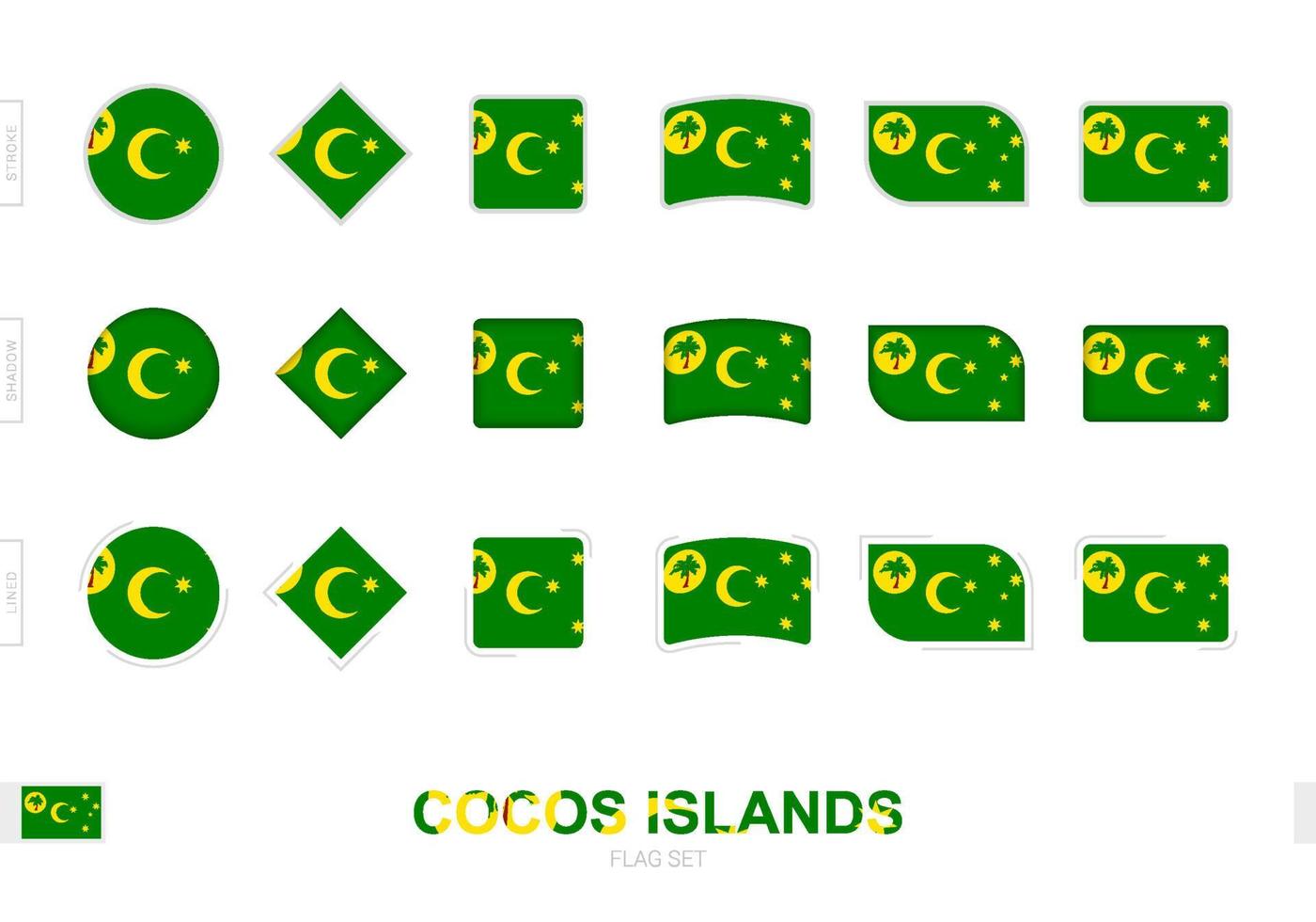 conjunto de banderas de las islas cocos, banderas simples de las islas cocos con tres efectos diferentes. vector