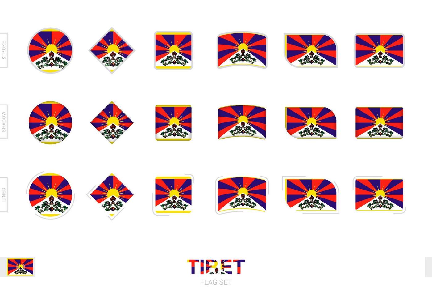 conjunto de banderas tibet, banderas simples de tibet con tres efectos diferentes. vector