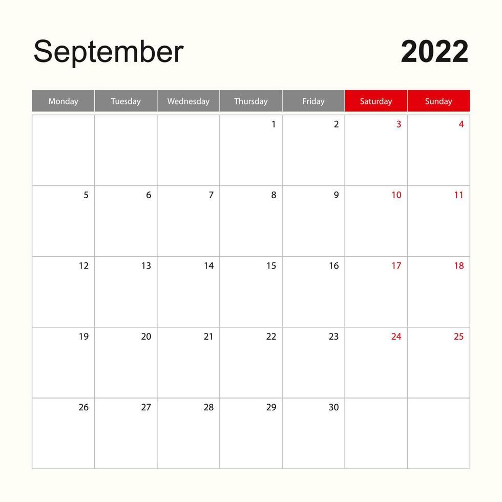 Wall calendar template for September 2022. Holiday and event planner, week starts on Monday. vector