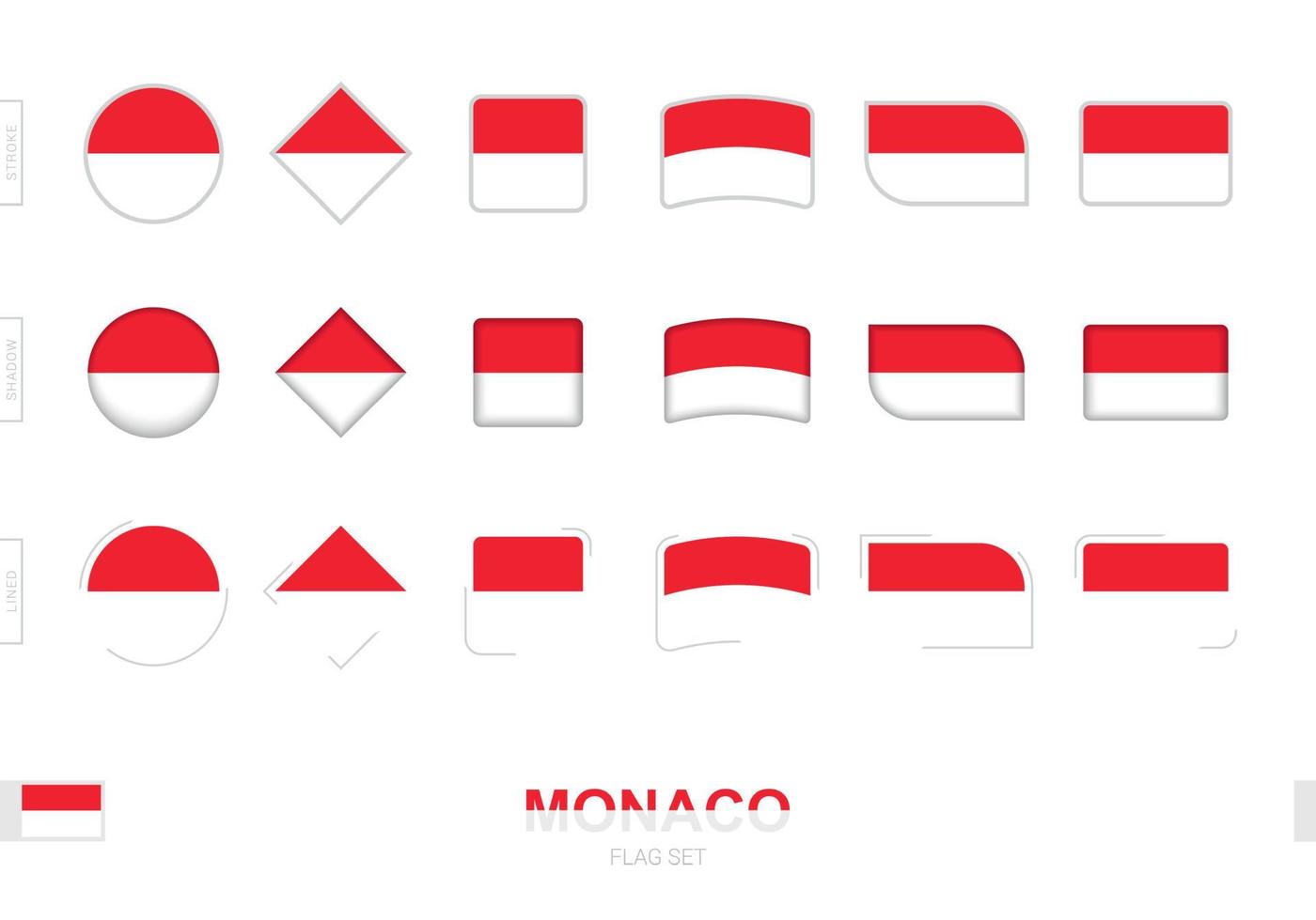 Monaco flag set, simple flags of Monaco with three different effects. vector