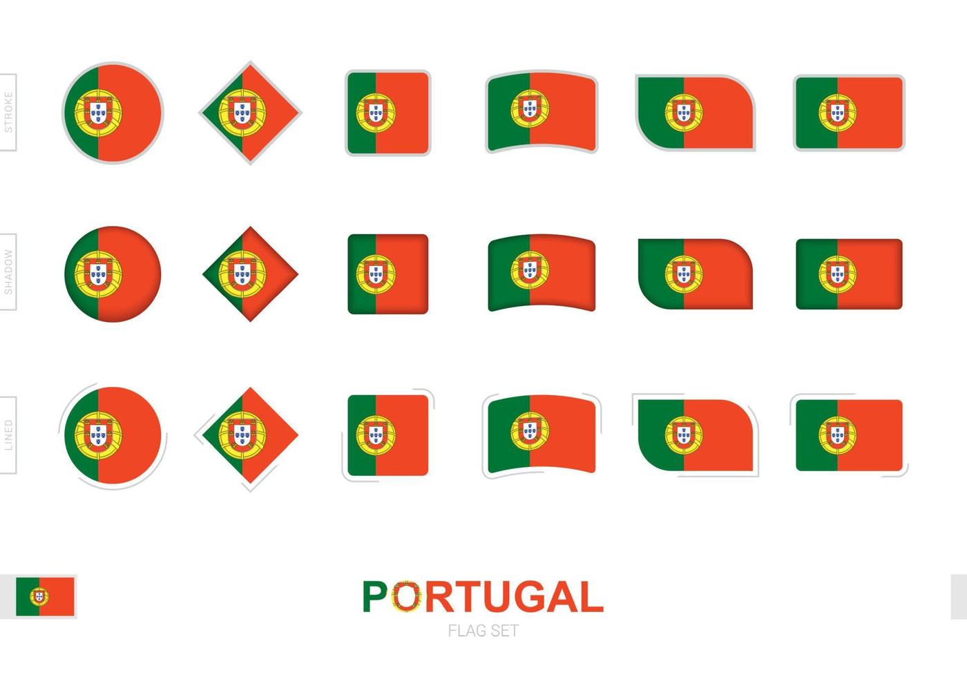 conjunto de banderas de portugal, banderas simples de portugal con tres efectos diferentes. vector