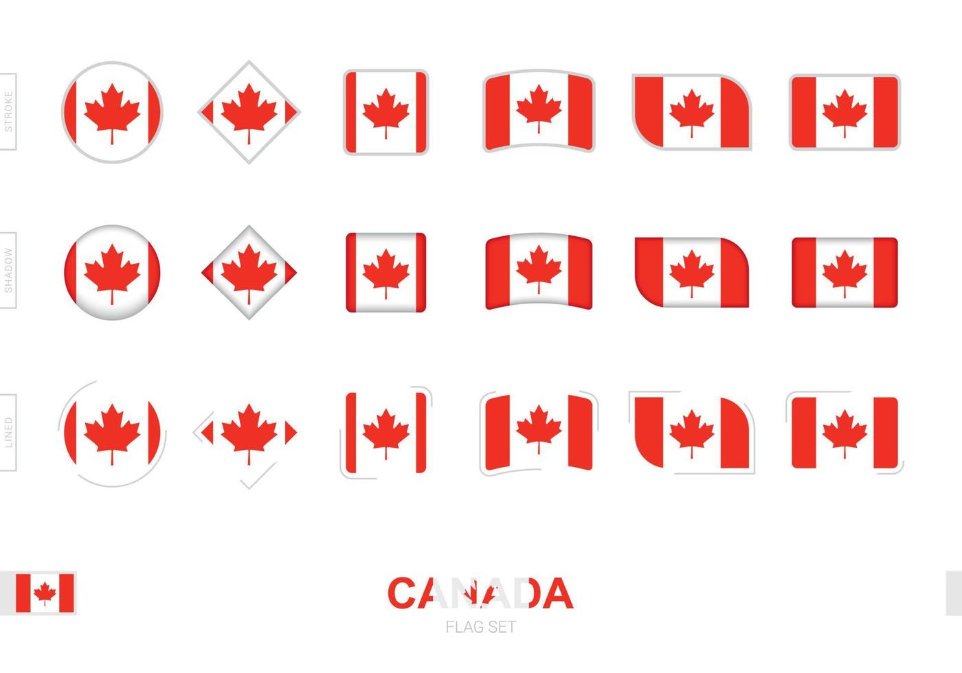 conjunto de banderas de canadá, banderas simples de canadá con tres efectos diferentes. vector