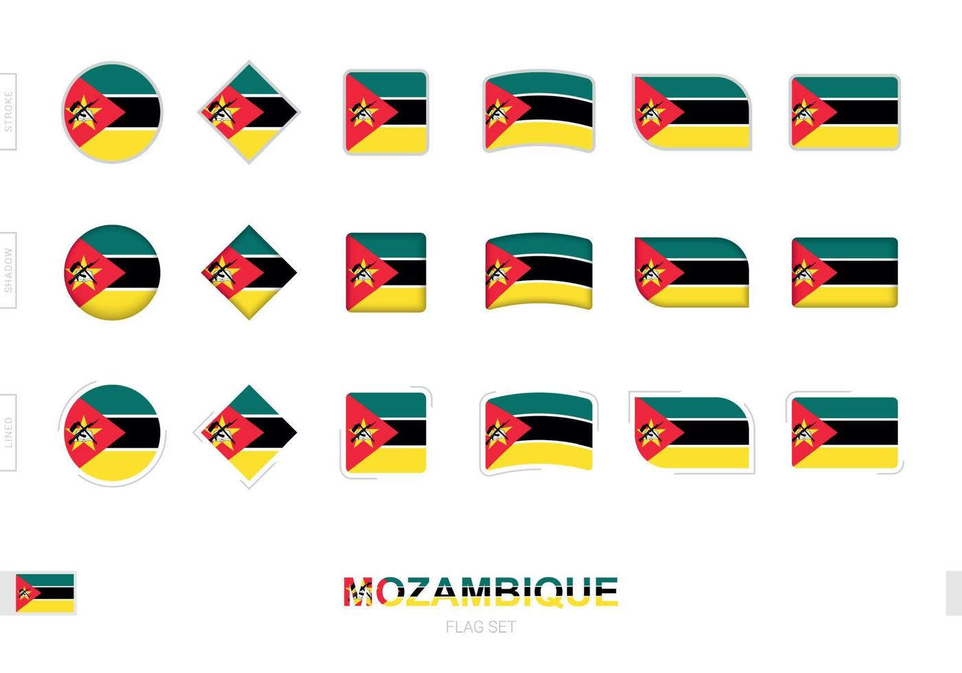 conjunto de banderas de mozambique, banderas simples de mozambique con tres efectos diferentes. vector