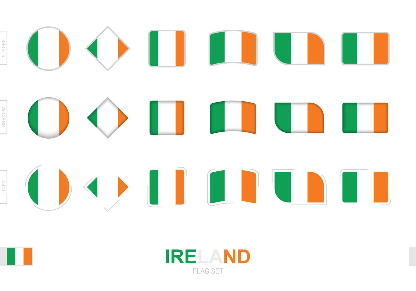 conjunto de banderas de irlanda, banderas simples de irlanda con tres efectos diferentes. vector