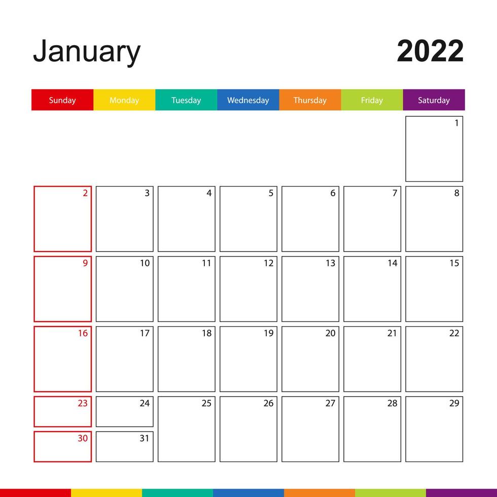 calendario de pared colorido de enero de 2022, la semana comienza el domingo. vector