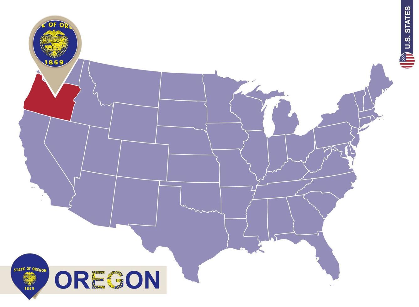 Oregon State on USA Map. Oregon flag and map. vector