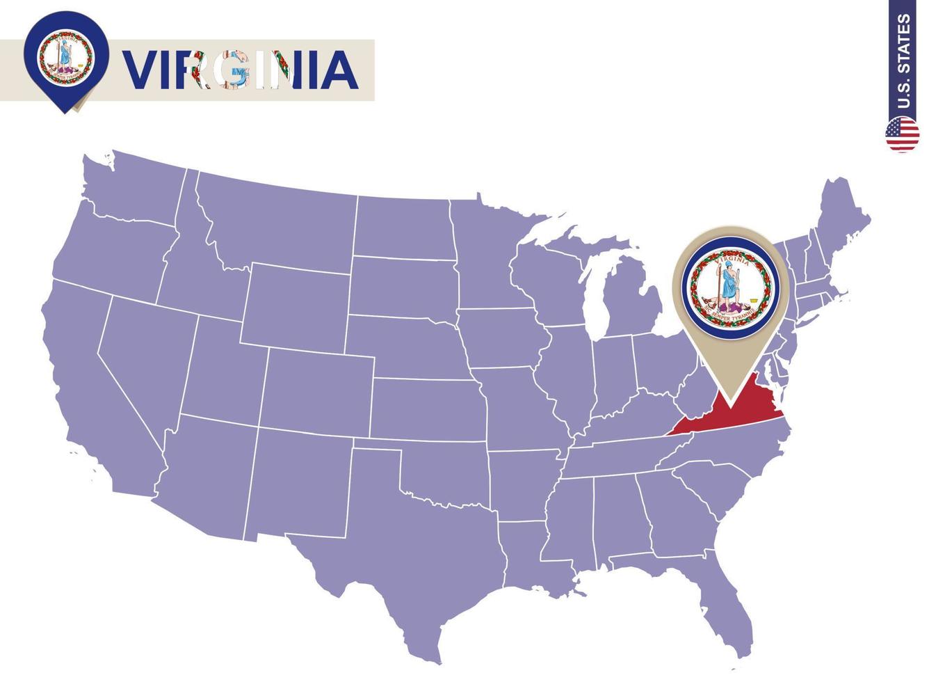 Virginia State on USA Map. Virginia flag and map. vector