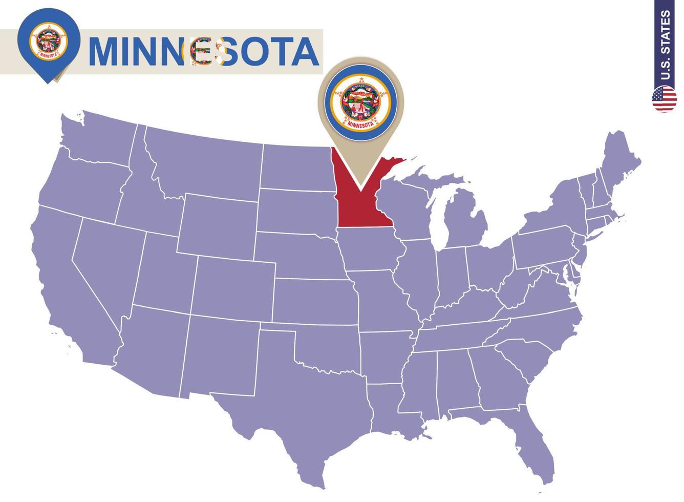 estado de minnesota en el mapa de estados unidos. bandera y mapa de minnesota. vector