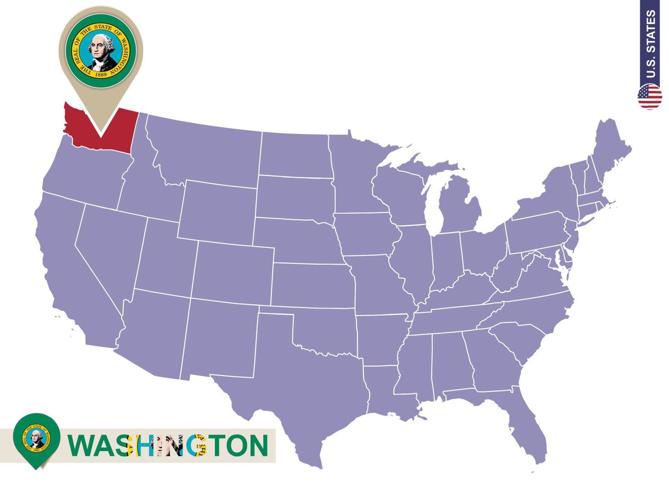 estado de washington en el mapa de estados unidos. bandera y mapa de washington. vector