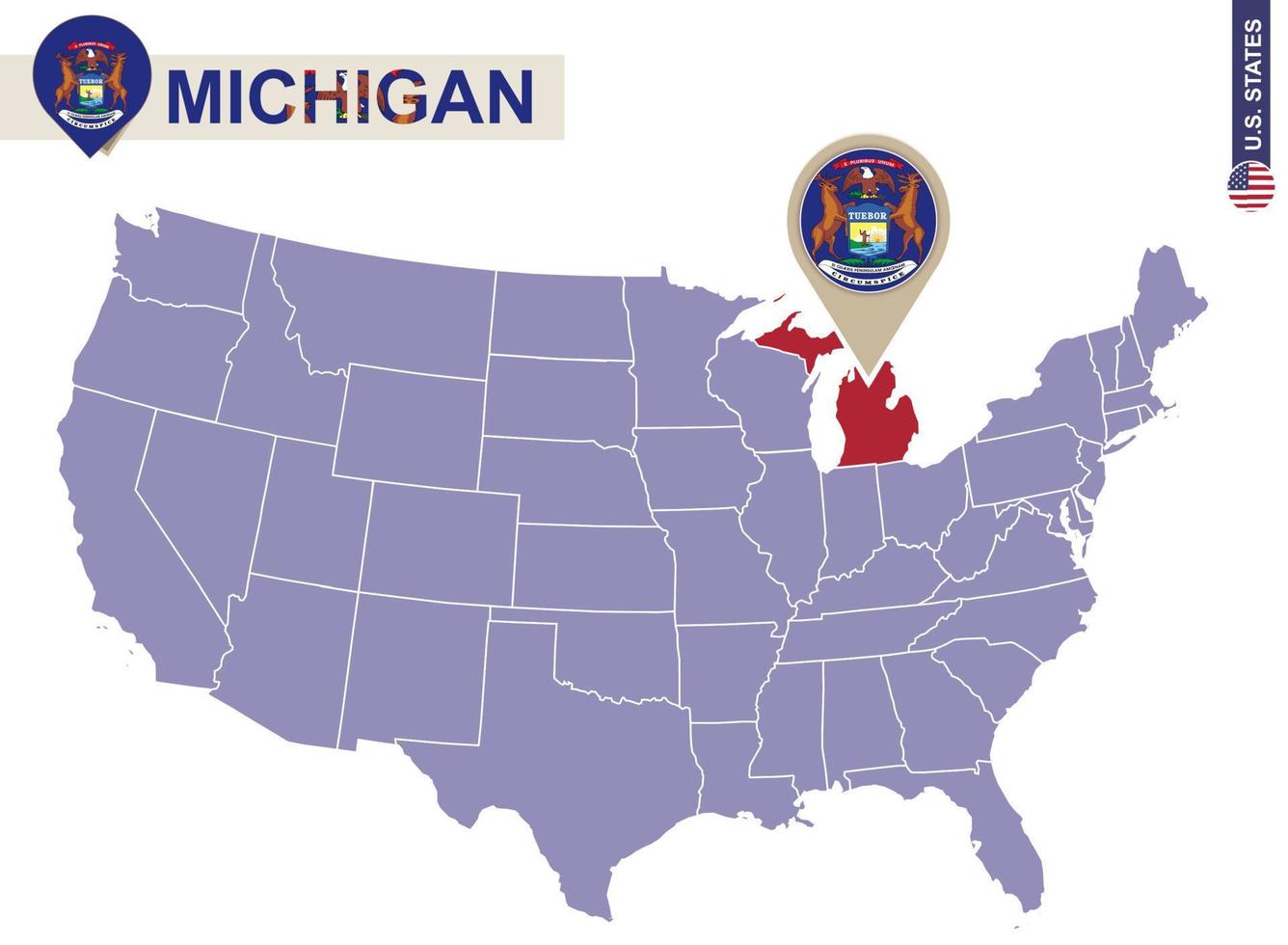 Michigan State on USA Map. Michigan flag and map. vector