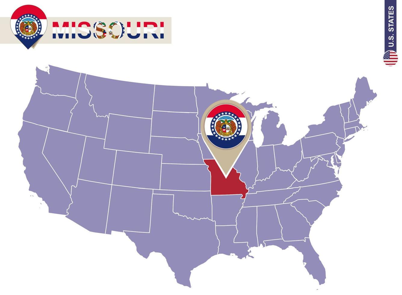 Missouri State on USA Map. Missouri flag and map. vector