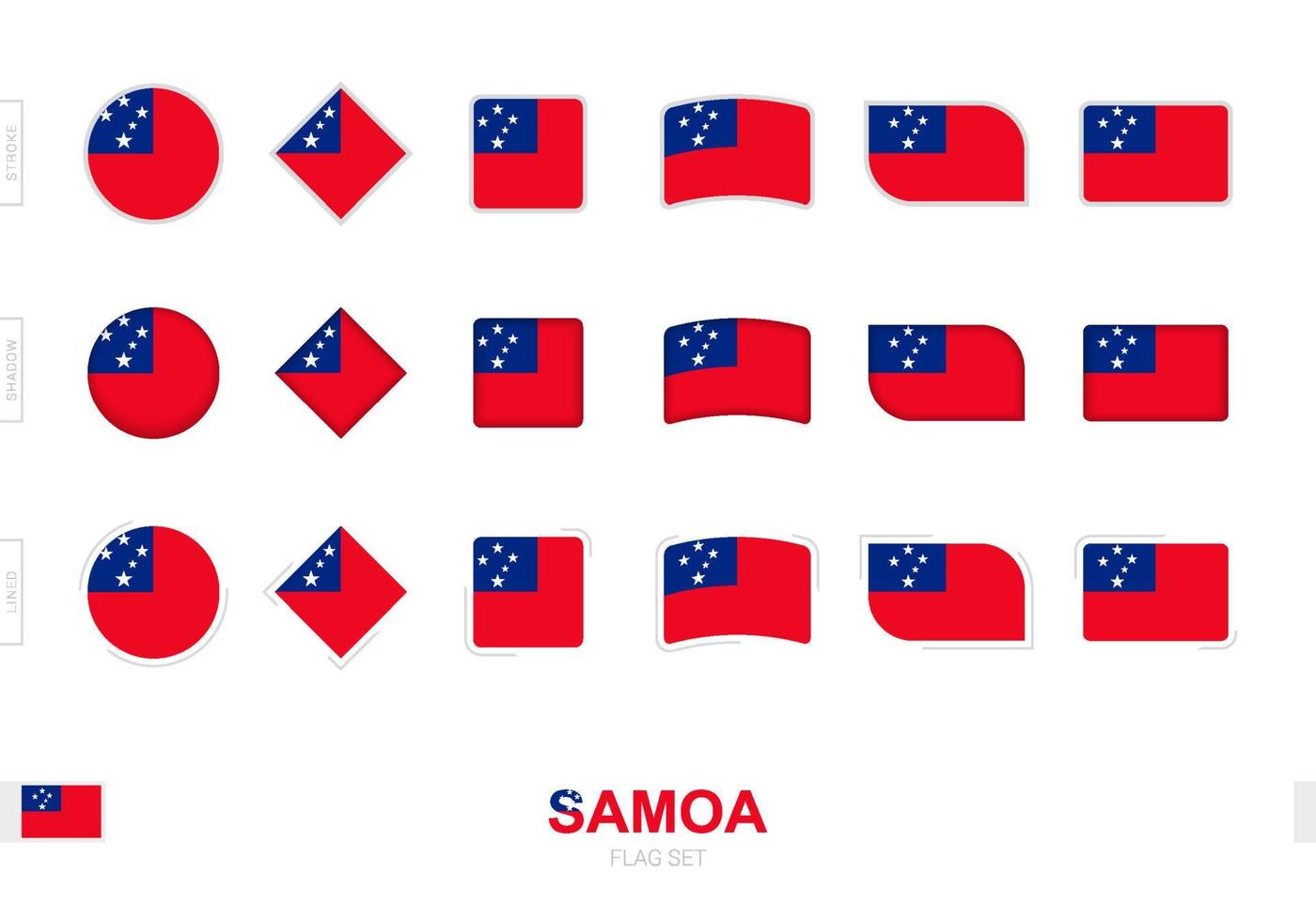 conjunto de banderas de samoa, banderas simples de samoa con tres efectos diferentes. vector