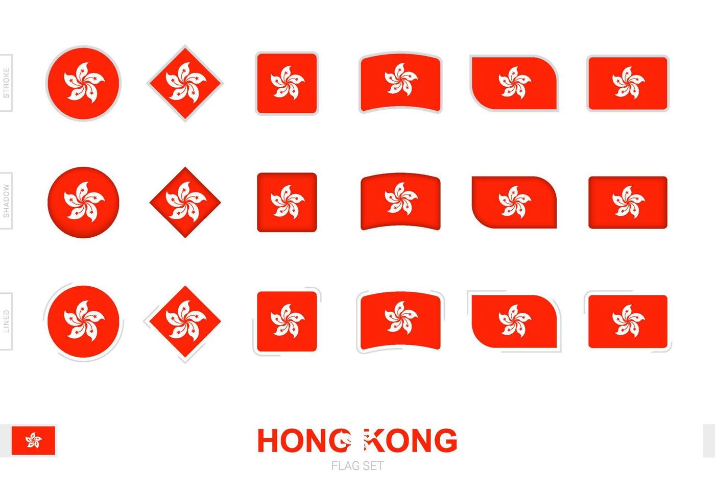 conjunto de banderas de hong kong, banderas simples de hong kong con tres efectos diferentes. vector