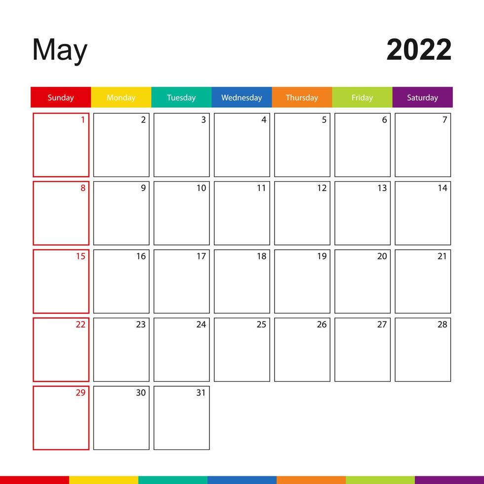 calendario de pared colorido de mayo de 2022, la semana comienza el domingo. vector