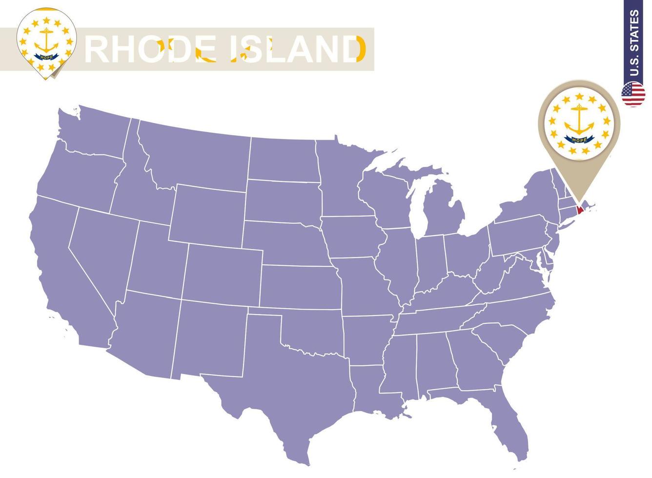 Rhode Island State on USA Map. Rhode Island flag and map. vector