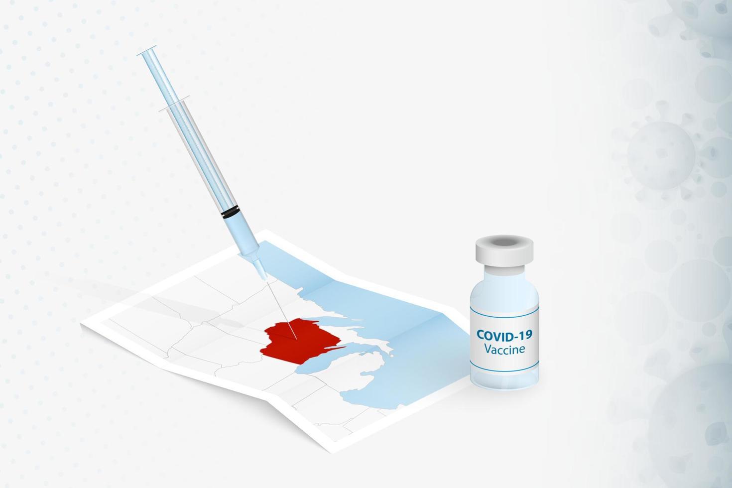 vacunación de wisconsin, inyección con la vacuna covid-19 en el mapa de wisconsin. vector