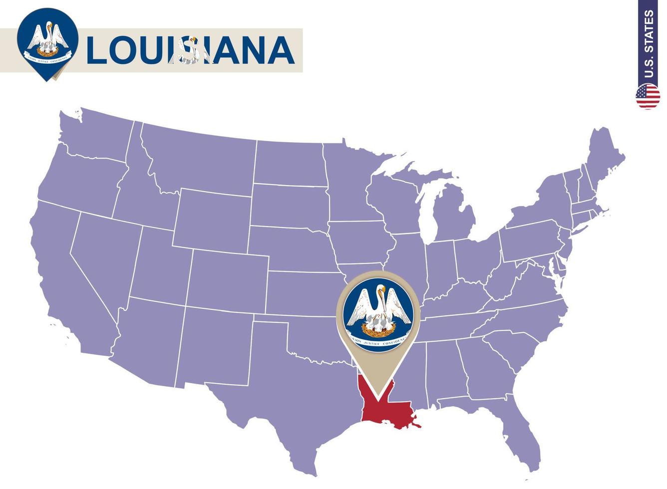 Louisiana State on USA Map. Louisiana flag and map. vector