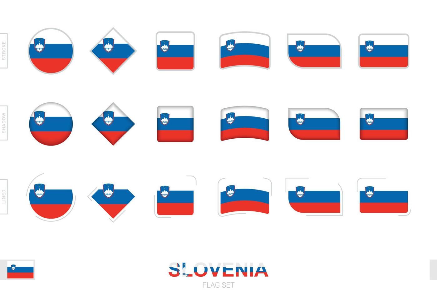 conjunto de banderas de eslovenia, banderas simples de eslovenia con tres efectos diferentes. vector